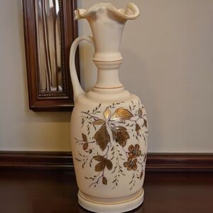 Beautiful Antique Opaline Glass Gilded Gold Leaves Pitcher